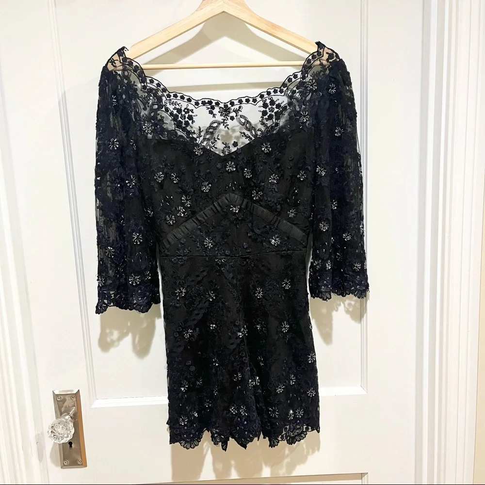 Free People Songbird Lace Rhinestone Black Romper 2 Cutout
